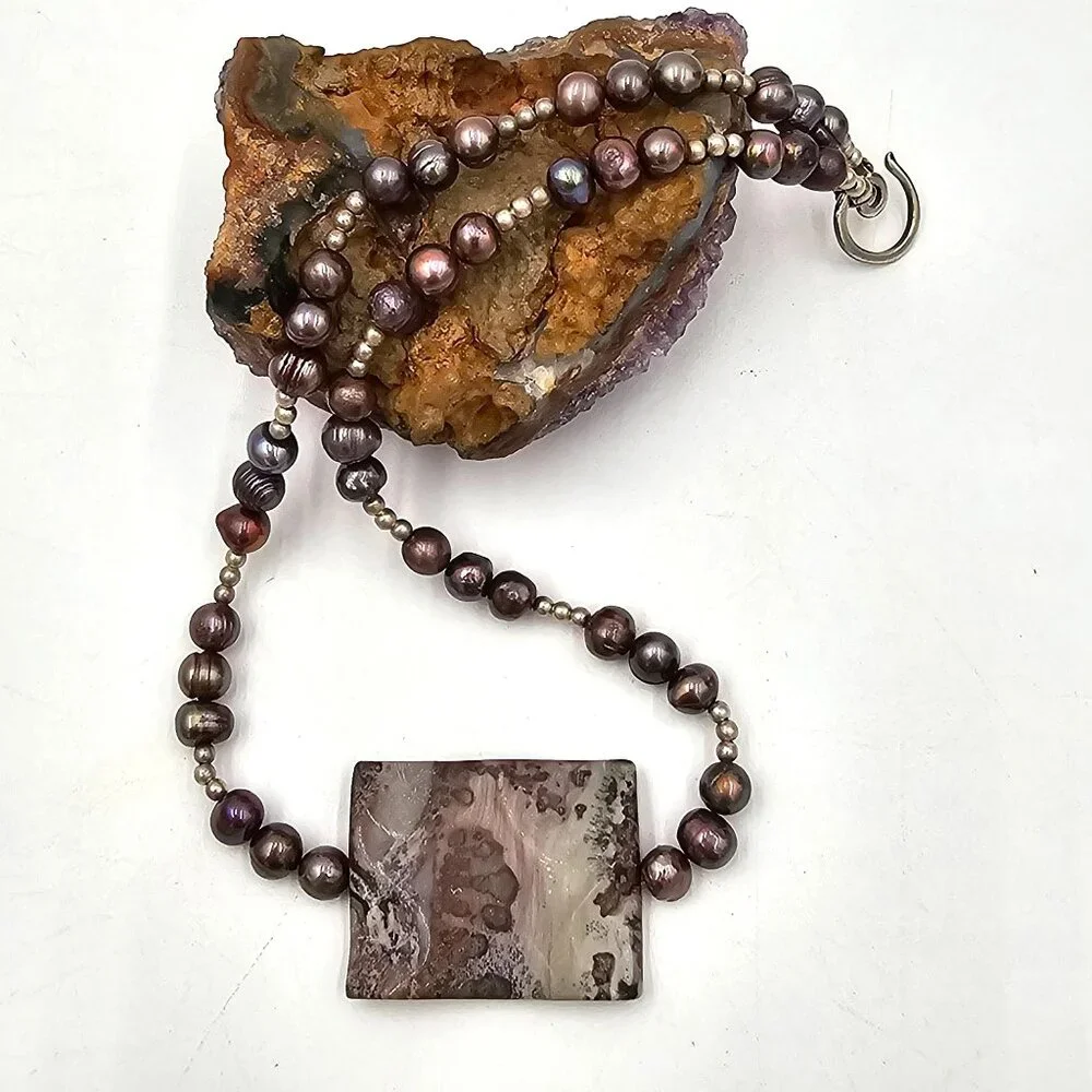 Peacock Baroque Pearl Purple Agate Pendant Sterling Silver Necklace 16